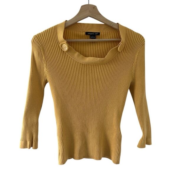 august silk Tops - Vintage August Silk Yellow Ribbed Knit Top Button Detail Large Y2K 90s preppy
